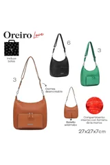 Bolso tipo hobo negro de cuero texturizado con correa ajustable y desmontable. Presenta un bolsillo exterior frontal con cierre y detalle de costura contrastante, donde se lee la marca "OREIRO LOVE".