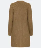 Cardigan largo de punto abierto, color marrón tostado, con mangas largas y dos bolsillos delanteros aplicados. Presenta una textura acanalada y diseño sin cierre.