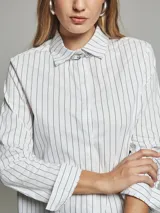 Camisa azul con rayas verticales blancas, de corte clásico, con cuello camisero y mangas largas.