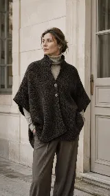 Poncho de punto grueso color marrón oscuro, con cuello alto y cierre frontal con dos botones. Presenta una silueta amplia y envolvente con textura compacta.
