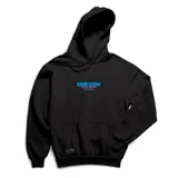Canguro negro con capucha y bolsillo frontal tipo canguro. Presenta un estampado central con el logo de la marca en colores azul y rosa.