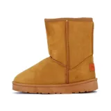 Pantubota de caña media en color camel, confeccionada en material tipo gamuza con interior forrado en piel sintética blanca. Presenta costuras reforzadas y suela de goma al tono.