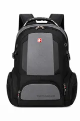 Mochila urbana SwissGear de diseño ergonómico, combinando paneles en color negro y gris texturizado. Cuenta con múltiples compartimentos con cierre, bolsillos laterales de malla, correas ajustables y asa superior reforzada.