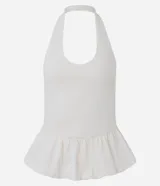 Blusa de frente única en color blanco, con diseño de cuello halter y ruedo con volado estilo peplum que aporta volumen. Confeccionada en algodón con un toque de elastano para mayor comodidad.