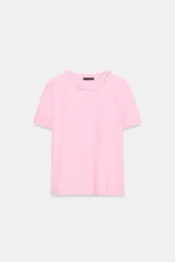 Remera de algodón color rosado, con cuello redondo decorado con una aplicación de joyas y pedrería, manga corta y corte regular.