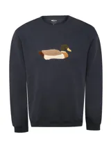 Buzo azul marino con cuello redondo, mangas largas y detalle de parche bordado en técnica chenille con diseño de pato en el centro del pecho.