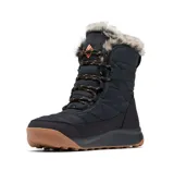 Bota de invierno Columbia modelo Minx Shorty IV, color negro con detalles en naranja. Presenta diseño acolchado, cuello con piel sintética, cierre con cordones y suela de goma color caramelo.