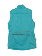 Chaleco azul marino con forro interior rojo, cuello alto y cierre frontal con botones dorados.