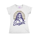 Remera blanca entallada de manga corta con estampa frontal inspirada en Zabala y diseño de Emexem.