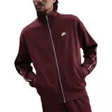 Campera deportiva Nike con cierre frontal completo, cuello alto y bolsillos laterales. Presenta un diseño en color negro con detalles de líneas blancas en los hombros y mangas, y el logo de la marca bordado en el pecho.
