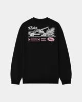 Buzo negro de cuello redondo y manga larga, de corte regular fit. En la espalda presenta un estampado gráfico en color blanco y rosa con la leyenda "Fletes" y el dibujo de una grúa transportando una planta.