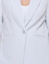 Blazer de sastre entallado color gris claro, con solapa de muesca clásica, cierre frontal de un solo botón y bolsillos frontales de vivo horizontales.