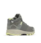 Bota de senderismo impermeable Columbia modelo Peakfreak Hera Mid Outdry, color gris con detalles en verde lima. Cuenta con empeine de malla transpirable, tecnología OutDry impermeable, mediasuela amortiguadora Techlite+ y suela de tracción Adapt Trax con tacos.