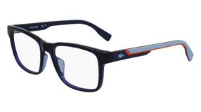 Armazón de anteojos Lacoste de diseño rectangular, fabricado en acetato color azul oscuro. Las patillas presentan un detalle tricolor con franjas en celeste y naranja, e incluyen el logo del cocodrilo característico de la marca.