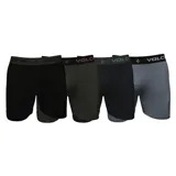 Pack de cuatro boxers de hombre marca Volcom, con cintura elástica con logo de la marca. Incluye un boxer negro con logo blanco, un boxer a rayas grises y negras con logo fucsia, un boxer negro con logo verde y un boxer gris con logo blanco.
