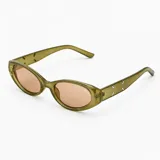 Lentes de sol con armazón ovalado de policarbonato en color verde oliva y cristales en tono tostado. Cuentan con detalles metálicos decorativos en las patillas.