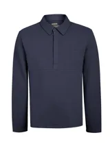 Buzo de algodón orgánico color azul marino, con cuello camisero y cierre frontal parcial con botones ocultos. Presenta mangas largas y un diseño de corte regular.