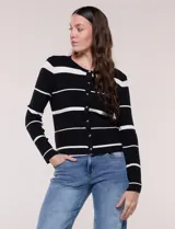 Cardigan de punto fino Elie Tahari con diseño a rayas horizontales en color negro y blanco, escote redondo, cierre frontal de botones y mangas largas.