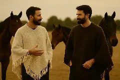 Poncho unisex marrón de lana merino con flecos.