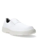 Zapato de seguridad tipo slip-on color blanco, con diseño ergonómico, suela antideslizante y forro interior con patrón de cuadros.