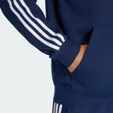 Canguro Adidas color azul marino, con capucha ajustable por cordón, bolsillo tipo canguro al frente, puños y dobladillo acanalados. Presenta las tres tiras características de la marca en blanco a lo largo de las mangas y el logo del trifolio bordado en el pecho.