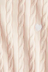 Buzo entallado color rosado claro, de punto trenzado, con cuello redondo y un pequeño corazón bordado en el pecho. Presenta ribete acanalado en cuello, puños y bajo.