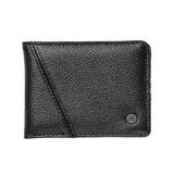 Billetera plegable de cuero color negro, modelo Pay-A-Pal de Volcom, con costura diagonal decorativa, compartimento para efectivo y múltiples ranuras para tarjetas. Cuenta con una pequeña insignia metálica frontal con el logo de la marca.