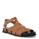 Sandalias tipo franciscanas de cuero gamuzado color marrón, con tiras anchas entrelazadas, cierre lateral con hebilla metálica y suela plana negra.