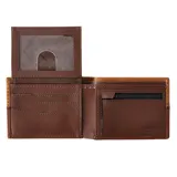 Billetera bifold de cuero marca Rip Curl, modelo Stitched Rfid All Day. Presenta un diseño de dos tonos en marrón claro y oscuro, divididos por una costura decorativa en zigzag. Incluye una placa metálica con el logo de la marca en el frente y tecnología de protección RFID.