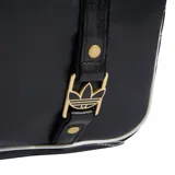 Bolso tipo maletín Adidas Airliner, color negro con ribetes blancos. Presenta doble asa de mano, correa ajustable extraíble, cierre principal con cremallera y detalle de logo metálico dorado en el frente.