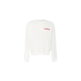 Buzo oversized de la marca Marni en color blanco, con cuello redondo, mangas largas y un parche rectangular en el pecho con el logo estampado en color rojo.