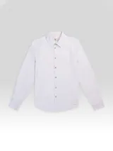 Camisa de manga larga de corte regular marca Polonio, confeccionada en algodón con diseño de rayas finas. Presenta cuello clásico, cierre frontal con botones de madera y un parche con el logo de la marca en el lateral inferior.