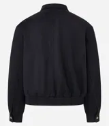 Campera masculina de estilo casual con cuello inglés, cierre frontal por cremallera, bolsillos laterales y ajuste elástico en el bajo. Presenta detalles de recortes en la parte superior delantera.