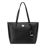 Cartera Guess modelo Jillian de tipo tote, color negro con diseño grabado de monograma en toda la superficie, doble asa de hombro y detalle de llavero colgante. Cuenta con placa metálica triangular con el logo de la marca en el frente.