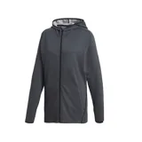 Campera deportiva Adidas con cierre frontal completo, capucha integrada y bolsillos laterales. Confeccionada en tejido técnico transpirable de color gris oscuro, diseñada para brindar libertad de movimiento durante el entrenamiento.