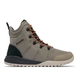 Bota de caña alta Columbia Fairbanks Omni-Heat color gris, con cordones naranjas y negros, suela dentada y detalles en negro y beige.