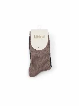 Media larga de tejido acanalado, marca Mistral, en color marrón con diseño de rayas en el borde superior.