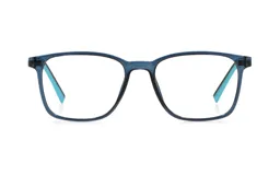 Armazón de anteojos de diseño rectangular, fabricado en acetato traslúcido de color azul oscuro con detalles en turquesa en el interior de las patillas.