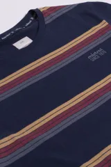 Remera de hombre de manga corta con cuello redondo y ajuste regular. Presenta un diseño a rayas horizontales en tonos tostado, azul marino y blanco, con el logo de la marca bordado en el pecho.