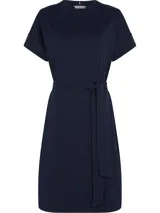 Vestido azul marino de algodón interlock de Tommy Hilfiger, con cuello redondo, manga corta y cinturón anudable.
