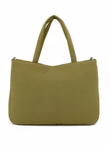 Bolso tipo tote de diseño minimalista en color verde oliva, con estructura acolchada y doble asa superior fija.