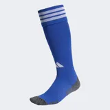 Medias de fútbol de caña alta color azul, con las tres bandas características de Adidas en blanco en el puño superior y logo de la marca en el tobillo. Presentan puntera y talón reforzados en color gris jaspeado, con diseño anatómico y soporte en el arco del pie.