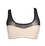 Top tipo bralette confeccionado en lycra color nude y tul transparente negro, con tirantes anchos y diseño cómodo de soporte.