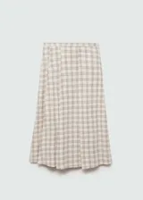 Falda midi de tiro alto con estampado de cuadros en tonos neutros. Presenta cierre lateral con cremallera, diseño evasé y costuras decorativas. Confeccionada en tejido ligero de algodón.