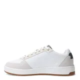 Championes urbanos Puma Court Classic Lux SD, color blanco con detalles en gris y dorado, confeccionados en cuero y gamuza, con logo de Puma en el lateral y suela de goma color caramelo.