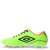 Championes de fútbol Umbro Classico III HG para hombre, color azul marino con detalles en verde neón. Presentan un diseño clásico con capellada sintética acolchada en la zona de impacto y suela con tapones bajos para césped artificial (HG).