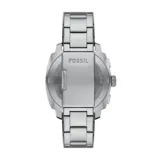 Reloj cronógrafo Fossil Machine con caja de acero inoxidable plateado de 44 mm y malla metálica a juego. Presenta una esfera azul texturizada con índices luminiscentes, manecillas contrastantes y movimiento de cuarzo. Incluye resistencia al agua de 5 ATM.
