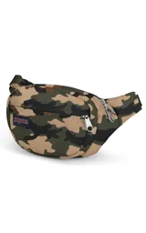 Riñonera negra de la marca JanSport, modelo Fifth Avenue, con parche frontal de la marca y cierres metálicos.