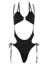 Body de estilo cut-out color negro, con diseño de dos piezas unidas por un aro metálico central en el escote. Presenta tiras laterales ajustables en la parte inferior y breteles finos.