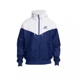 Campera deportiva Nike Windrunner, color azul marino y blanco, con capucha y cierre frontal.